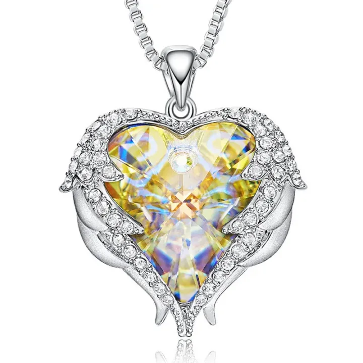 angel wing crystal Heart necklace