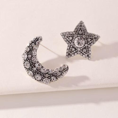Pentagram And Moon Asymmetrical Diamond Stud Earrings - Moon and Star